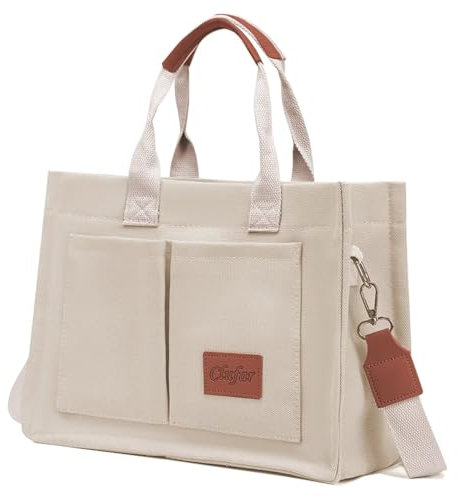 Clufar Tote Bag Damen Canvas Umhängetasche Mittelgroß Handtasche Weiß Shopper Tasche Crossbody Bag Schultertasche Arbeitstasche Frauen Hand Bags Multifunktionale Casual mit Vielen Fächern White