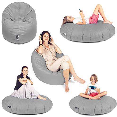 PATCH HOME 2-in-1 Sitzsack Sessel - Gaming Bean Bag mit Reißverschluss - Bereits befüllt, Ergonomisch & Robust für Kinder & Erwachsene - Indoor & Outdoor, Wetterfest (Grau, 155cm)