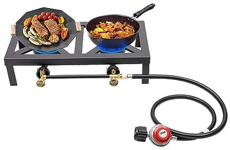 Portable Twin Head Outdoor Gas Stove Propane Camping Cooker, Portable Two-Hole Gas Hob for Outdoor Cooking, with Adjustable 0-20Psi Regulator Hose for Patio Camping
