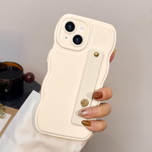 LAPOPNUT for iPhone 14 Case With Wrist Strap,Adjustable Wristband Finger Holder Kickstand Phone Case for Women Girls,Cute Curly Wave Frame Shape TPU Cover for iPhone 14 6.1,White