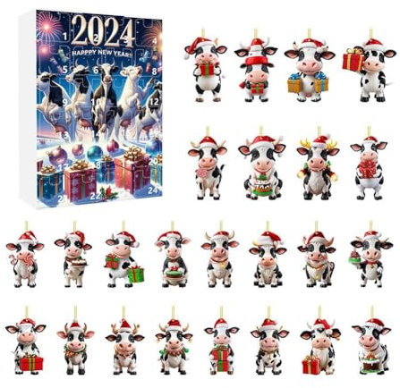 2024 Adventskalender Countdown Kalender Highland Kuh, 24 Tage Adventsanhänger, Cartoon-Kalender Highland Chris Cow