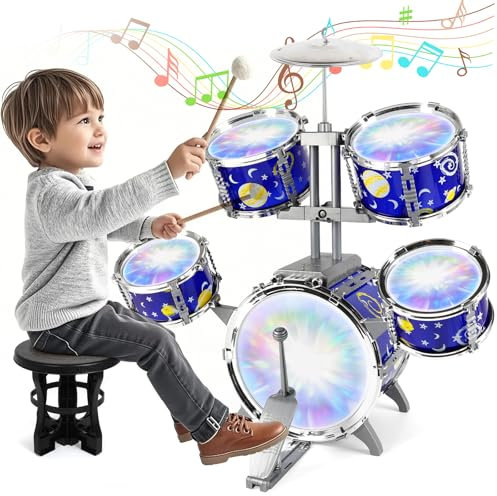 Schlagzeug Kinder mit Lichtern, 5 Trommels mit Hocker Percussion, Musikinstrument Lernspielzeug Spielzeug Geschenk für Kinder ab 3 Jahre Mädchen und Jungen