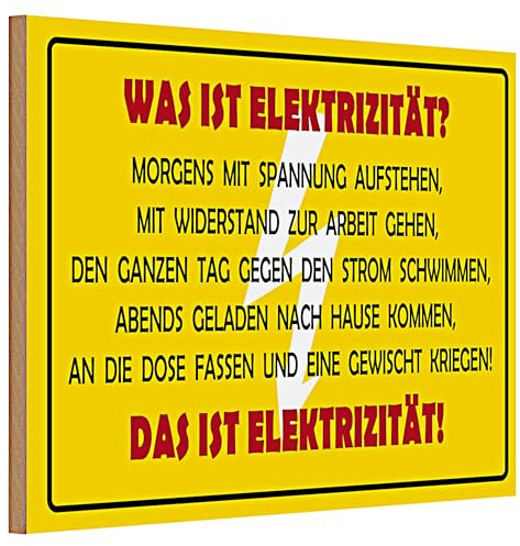 Humorvolles Elektrizität-Schild | Witziges Metallschild für Büro und Zuhause | Gelb mit rotem Text | 20 cm x 30 cm