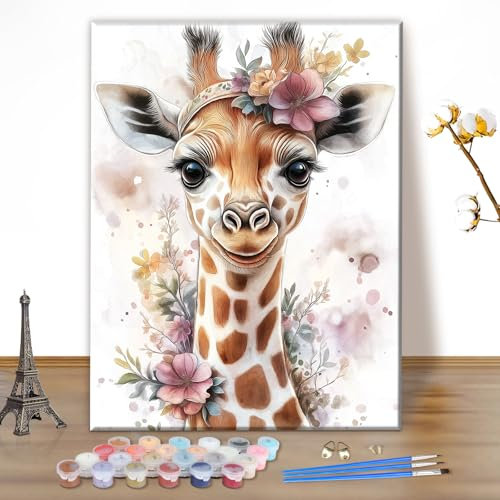 MEIYUDA Peinture par Numero Adulte, Girafes Animaux DIY Peinture à l'huile par Numéros sur Toile Artisanat avec Pinceaux Peintures Acryliques, Decoration Maison Cadeau 30x40cm(sans Cadre)