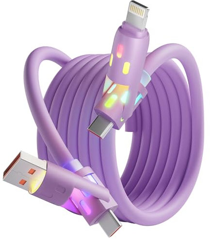 240W USB C Cable,4 in 1 Charging Cable Fast Charging & Data Sync,Multi USB Charging Cable with Breathing Light,Charger Cord for iPhone 17/16/15 14 13 iPad Galaxy MacBook iPad Tablets,Purple 5Ft