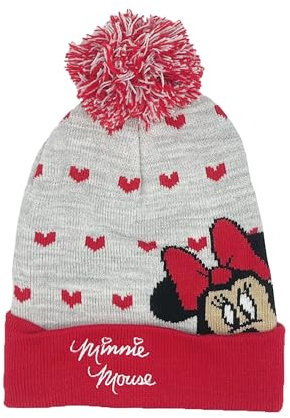 Disney Minnie Mouse Mütze Kinder | Geschenke für Mädchen | Bommelmütze | Winter | Wintermütze | Beanie | Strickmütze (DE/NL/SE/PL, Numerisch, 52, Rot)