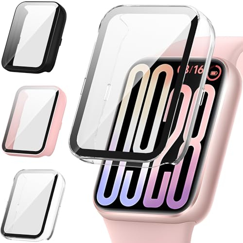 Diruite 3 Pezzi Cover per Xiaomi Smart Band 9 Pro Protezione | Resistente Ai Graffi HD Vetro Temperato Pellicola Protettiva PC Rigido Case,Nero&Rosa&Trasparente