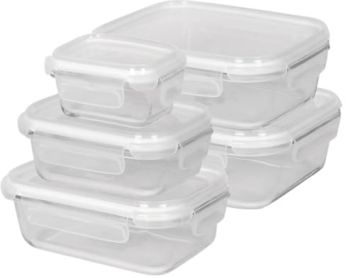 Harbour Housewares Glass Food Storage Container Set with Lids - 5 Sizes - Clear/White - 5pc Reusable Airtight Meal Prep Lunch Box Takeaway Cereal Pantry Tubs Set | Safe for Freezer and Microwave