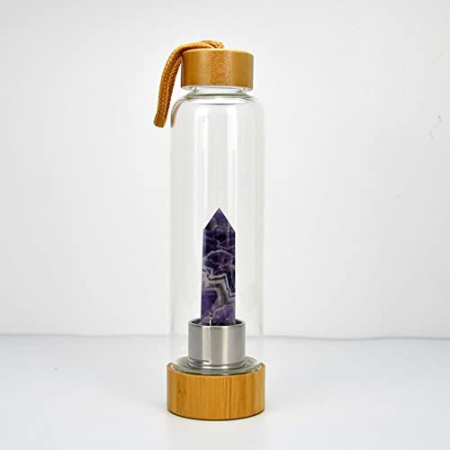 Gemstone Infused Water Bottle with Bamboo Cover for Natural Energy and Healing, Removable Amethyst Gravel Quartz Glass