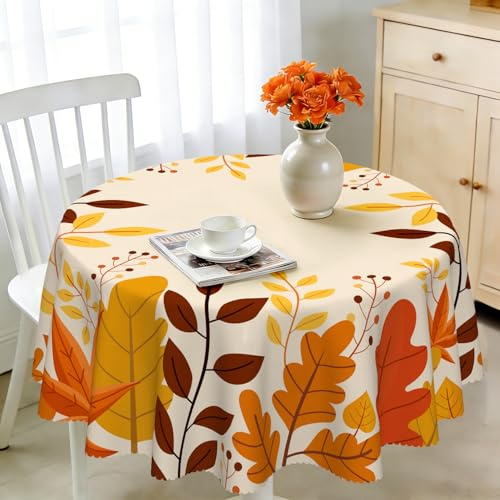 iEvery Tischdecke Rund 150 Abwaschbar, Tischdecke mit Ahornblattmotiv, Gartentischdecke Outdoor Wetterfest Polyester Table Cloth für Küche Garten Party Dekoration