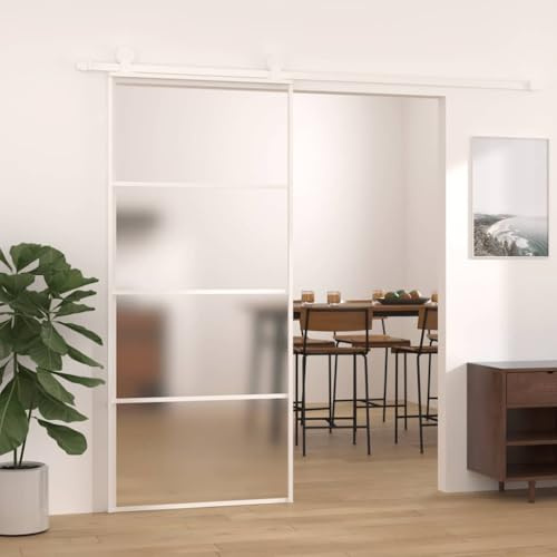 Emmtore Puerta corredera ESG vidrio y aluminio blanca 90x205 cm, Herrajes Entrada Corrediza Deslizante