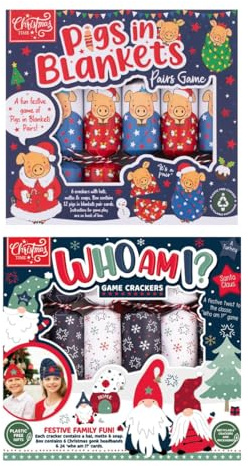 YöL Christmas Crackers Pack of 12 – Who Am I & Matching Pairs Family Games – 9 Eco-Conscious Crackers with Hats, Jokes & Table Fun – Red, Blue & White Festive Dinner Party Xmas Crackers