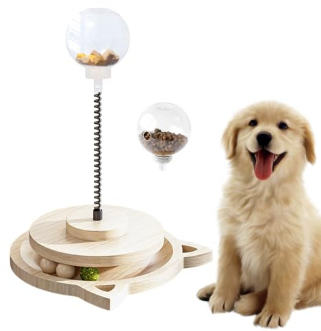 Générique Dog Food Dispenser Ball | Slow Wooden Dispenser with Spring Post and Treat Ball | Anti-Boredom Mental Stimulation for Dogs