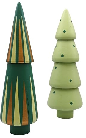 Logbuch-Verlag Holzbaum 18,5 cm im 2er Set – Moderne Weihnachtsdeko aus Holz, grün Gemustert, Tannenbäume zum Hinstellen, minimalistisch