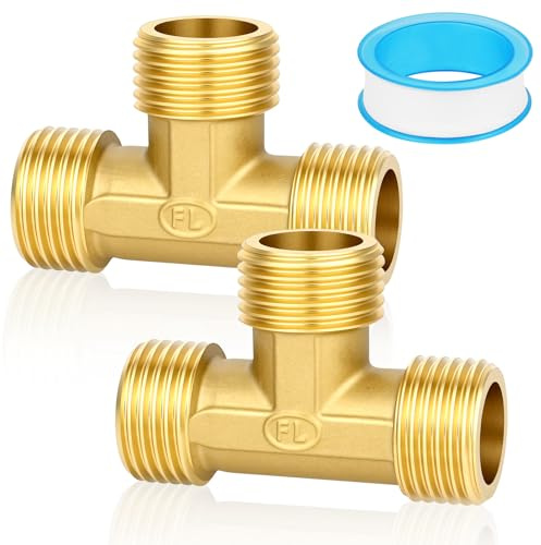 NUTKIT 2 Pack Tee Pipe Fitting, 1/2 Female x 1/2 Male Brass Tee Threaded Pipe, Brass Plumbing Fittings Furniture, Cast Swivel Garden Hose Adapter for Water Oil Gas, Gold
