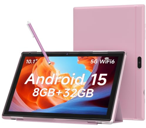 WUIUHOU 10.1 Inch Android 15 Tablet, 8GB RAM 32GB Storage, HD IPS Display, WiFi 5G 66000mAh Battery, Dual Camera Video Calling, Tablet with Case and Touch Pen for Work