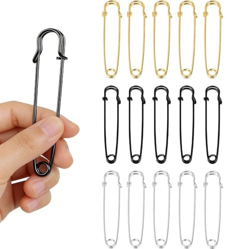 15 Stück Sicherheitsnadeln Groß, Extragroß Safety Pins 10 cm, Metall Sicherheitsnadeln, für Kleidung, Quilten, Kunsthandwerk, Decken, Röcke, Schal, Leder, Segeltuch(Silber Gold Schwarz)