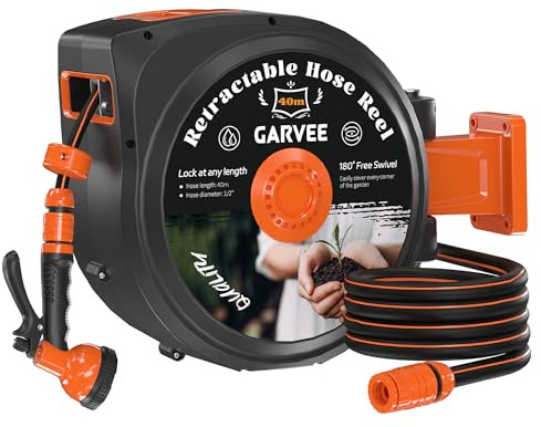 Schlauchtrommel Wasser Mit Gartenschlauch 40m, Schlauchaufroller Mit 10-Funktionen Handbrause, 180° Schwenkbarer, Wandmontage Schlauchbox Mit Automatisches Aufrollen Für Gartenbewässerung, Autowäsche