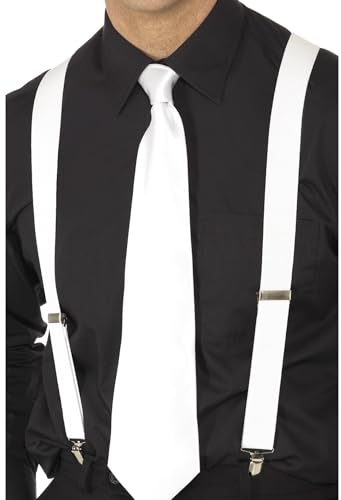 Smiffys White Elasticated Braces, White with Metal Hold Clip, 1920's Razzle Fancy Dress, 1920s Dress Up Accessories Halloween