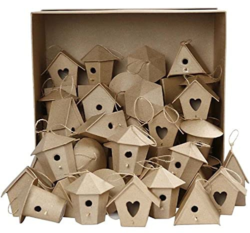 Creativ Mini-Vogelhäuschen aus Pappmaschee, Bulkware, 6 Designs, 60 Stück