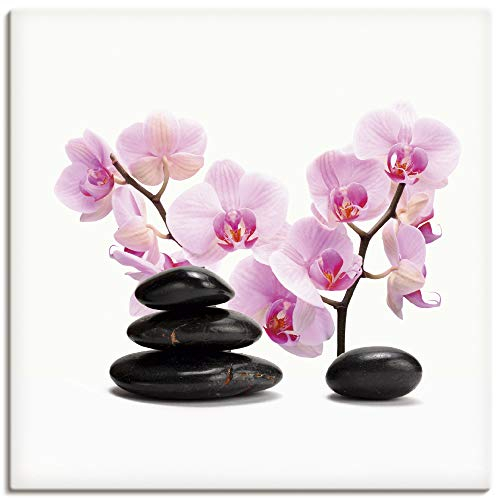 ARTLAND Wanddeko Leinwand Bilder Wandbild 40x40 cm Wellness Zen Stein Fotografie Pink/Rosa Schwarze Steine und pink Orchidee T6BI