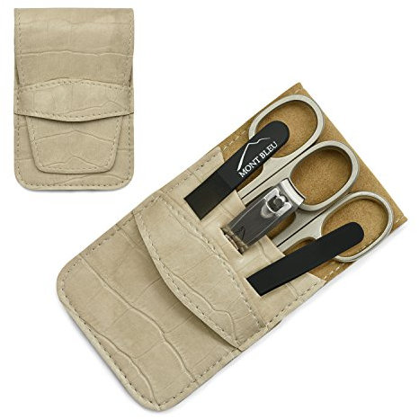 Mont Bleu 5-piece Manicure Set with crystal nail file, in Beige Leatherette Case | Italian Scissors - Black Czech Crystal Nail File - German Case