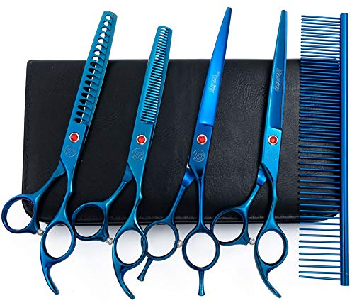 Moontay Hundeschere Set Profi, 440C Edelstahl Fellschere für Hunde, Gerade Schere, Gebogene Schere, Effilierschere, Fischgräten Schere, Kamm, Einstellwerkzeug, Reinigungstuch und Tasche, Blau
