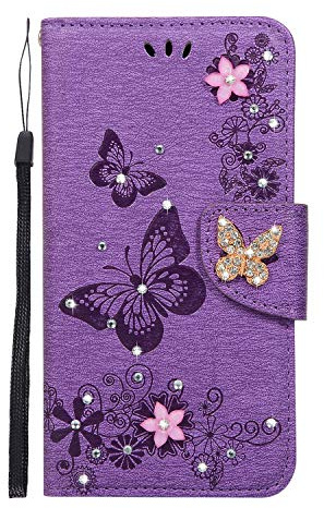 Mo-Somnus für iPhone 11 Hülle [Kostenloser Displayschutz aus], Glitzernde, Funkelnde Diamanten, Edelsteine, Schmetterlingsdesign, PU-Leder, Flip-Wallet-Schutzhülle für iPhone 11-6,1 Zoll (Lila)