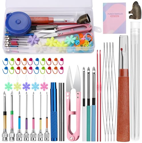 dipeer 49 Pcs Needle Punch Tool Cross Stitch 10 Sizes Magic Embroidery Pen | Adjustable Ultra Punch Pen with Handle, Threader, Knitting Markers for Embroidery DIY Crochet Knitting
