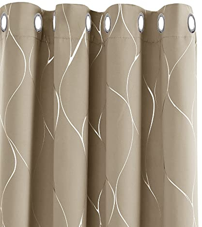 Deconovo Thermal Insulated Blackout Curtains Silver Wave Foil Printed Eyelet Curtains for Bedroom Taupe W55 x L114 One Pair