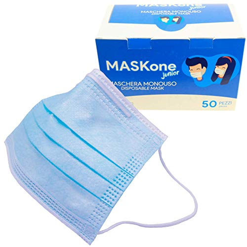 ISN MaskONE Junior - Mascherine Chirurgiche Monouso per Donne e Bambini - Certificate CE - Confezione da 50 pezzi - Imbustate singolarmente