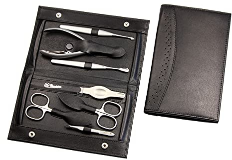 HK Manicure by Hans Kniebes - 7-tlg. Maniküre-Set Nagelschere, Hautschere, Nagelzange, Pinzette, Feile, Hautdrücker/-messer - Echtes Nappa-Ziegenleder