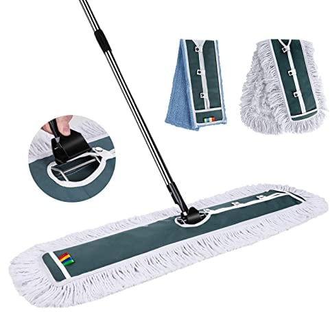 Myiosus Bodenwischer, Flachmopp, 105cm Breit Groß Wischmopp, Industrieller Wischer mit 130cm Edelstahlgriff, Baumwolle Mikrofaser Mopp, Wischer Boden für Hartholz, Laminat, Fliesenboden- 2 Moppads