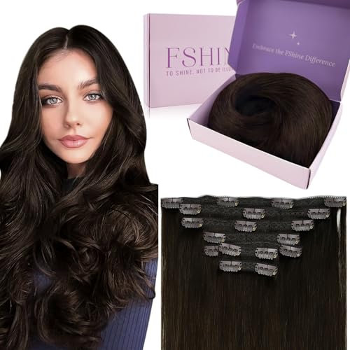 Fshine Clip in Extensions Echthaar Braun 40cm Haarverlängerung Echthaar Clip in Extensions Dunkelbraun 120g 7 Stücke Haarextension für dünnes Haar Farbe 2