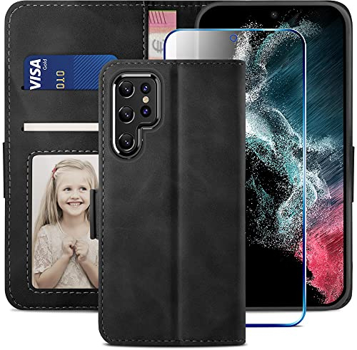 YATWIN Compatible with Samsung Galaxy S22 Ultra Case, Flip Wallet Leather Case with Screen Protector and Card Slot Kickstand Phone Cases Cover for Samsung S22 Ultra - Black