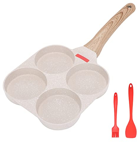 Bobikuke Spiegeleipfanne, Pancake Pfanne 4 Loch Augenpfanne Antihaft-Aluminium Pfanne für Frühstück Spiegelei Hamburger (Weiß)