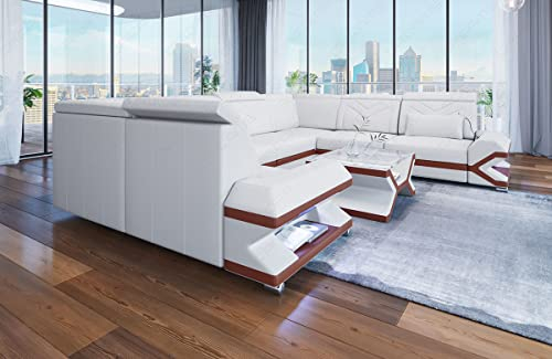Ledersofa Sorrento in U Form als Wohnlandschaft mit LED Beleuchtung Sofa mit Kopfstützen als Moderne Couch (Lange Seite rechts, Weiß-Braun)