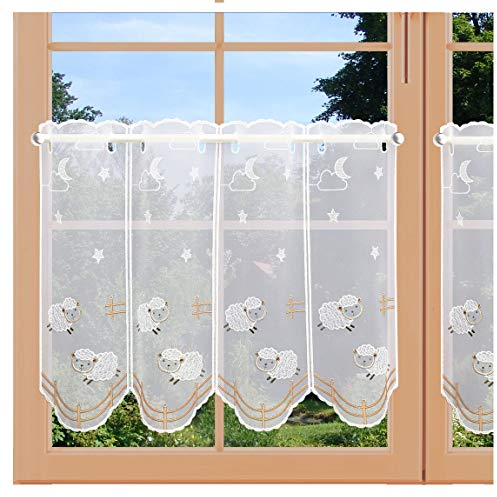 Bestickter Scheibenhänger Kurzstore Schäfchen Kinderzimmer-Gardine Plauener Spitze Küchendeko 45 x 48 cm