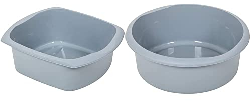 Addis 518459 Eco Made from 100% Recycled Plastic Large Rectangular Washing Up Bowl, 9.5 Litre, Light Grey & 518458 Eco Made from 100% Plastic Round Washing Up Bowl, 7.7 Litre, Recycled Light Grey