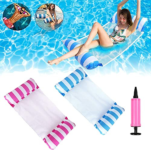 AOMAIGAD 2 Pcs Hamac Gonflable, Lit Flottant à Eau, Hamac Piscine, Flottantes Hamac, Hamac Gonflable Piscine, lit de Piscine Gonflable Pliant avec 1 Pompe à air (Rouge + Bleu)