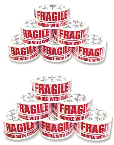 Bargain factory Ruban adhésif d'emballage fragile,12 rouleaux par paquet de 48 mmx66 m,Idéal comme rouleau de ruban adhésif fragile, ruban d'emballage, ruban d'emballage pour déménagement, boîte