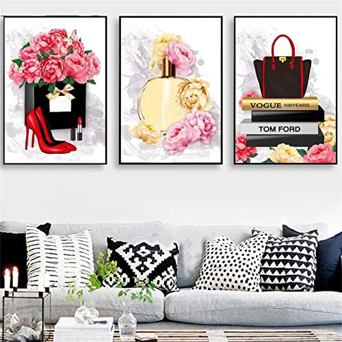 Jqynn Diamond Painting Erwachsene, Groß 5D Diamant Painting Bilder Leinwand, Parfüm Lippenstift DIY Voll Diamant Kristall Kreuzstich Kunst Malerei Nach Anzahl Kits Mosaik Gemälde Deko 3er Set 40x50cm