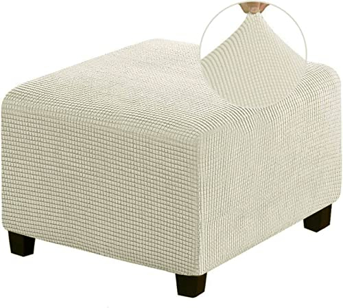 MULARE Stretch-Fußhocker-Abdeckung, Ottomane-Abdeckung, Rutschfester Puff-Sofa-Bezug, Dicker Karierter Jacquard-Stoff mit elastischer Unterseite, Ottoman-Schonbezüge,Beige,M