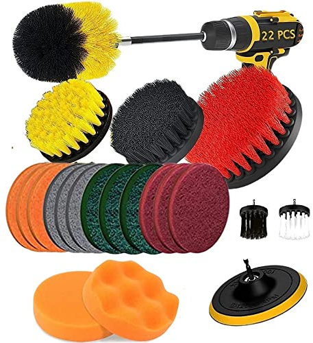 22 Stück Bürstenaufsatz Bohrmaschine Set, Drill Brush Attachment mit Polieraufsatz Akkuschrauber für Auto Felgen Badewanne Waschbecken Küche Räder Grill Fliesen Keramik Marmor Boden Teppich Leder Sofa