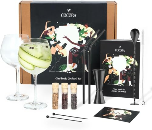 Cocora Kit Cocktail da 11 Pezzi | Set Gin Tonic Regalo | Misurino, Calici, Cannucce e Spezie | Idea Regalo Eco-Friendly (Black)