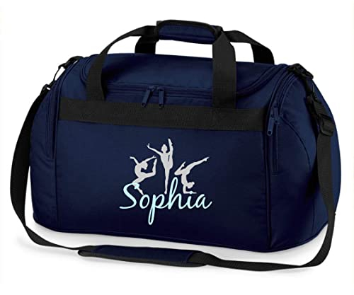 Kinder-Sporttasche Gymnastik mit Namen Bedruckt | Personalisierbar mit Motiv Turnerin Boden-Turnen | Reisetasche Duffle Bag zum Umhängen für Mädchen (dunkelblau)