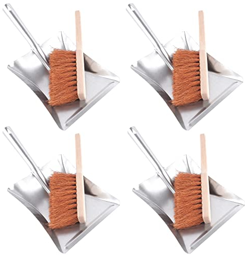 BAUSTER® 4 Stück Kokos Kehrgarnitur mit Holzbesen Besen mit Kehrschaufel Set Handbesen Schaufel Kehrblech und handfeger Metall Verzinkt Handfeger und Schaufel kaminbesen Hitzebeständig