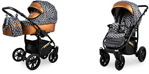 BabyLux Miracle 2-in-1 Baby Kinderwagen Tief und Kinderwagen mit Zubehör Verstellbar und faltbar Aluminium Konstruktion Wasserdicht Nicht abnehmbare Räder Black Deluxe