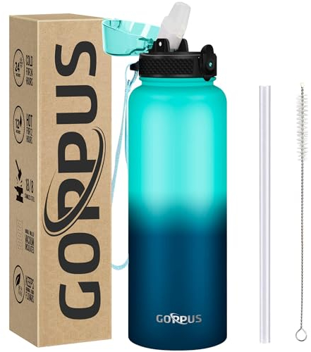GOPPUS 1.2L/40oz Stainless Water Bottle with Straw Double Wall Insulated Bottles with Strap Large Vacuum Thermal Flask Leakproof Keep Cold Drinks Bottles with Flip Top Lid for Men Women BPA Free