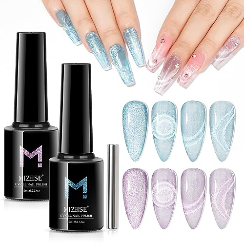 MIZHSE Cat Eye UV Gel Nagellack Set - 2 Farben UV Gel Nagellack Glitzer Cateye UV Gel Nail Polish Set Katzenauge Gel mit 1 Magnet DIY Kunst Maniküre UV Nagellack Set 10ml